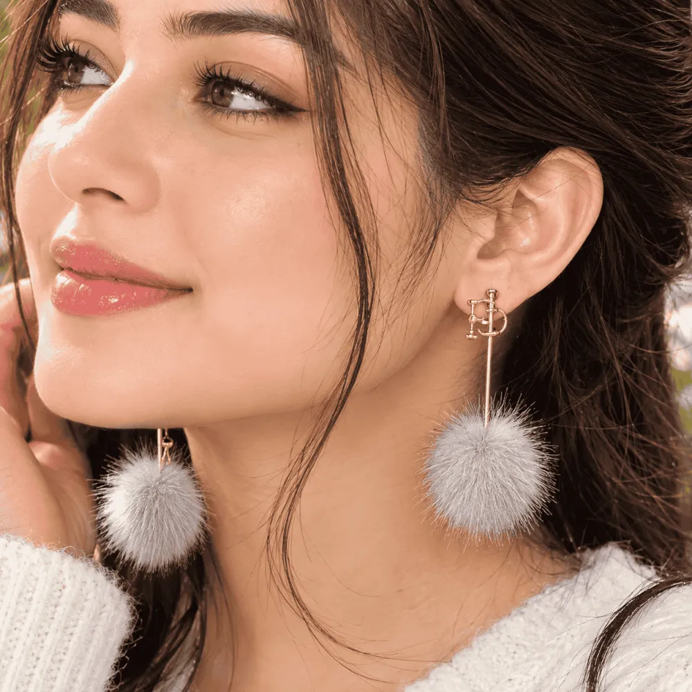 Women Fur Glam Earring Grey & White