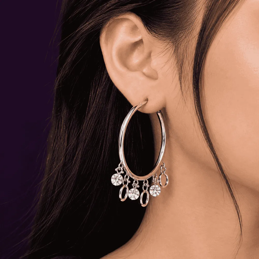 Silver Crystal Charm Hoop Earrings