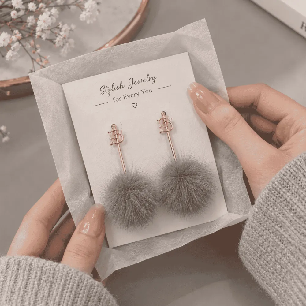 Women Fur Glam Earring Grey & White