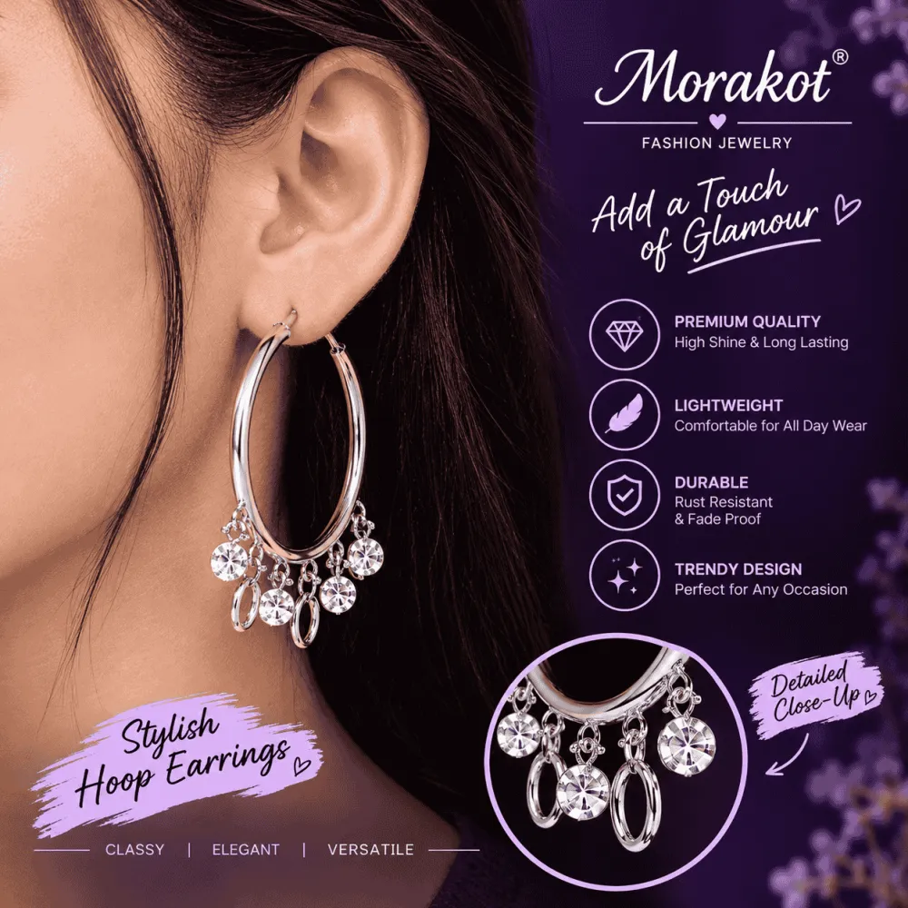Silver Crystal Charm Hoop Earrings