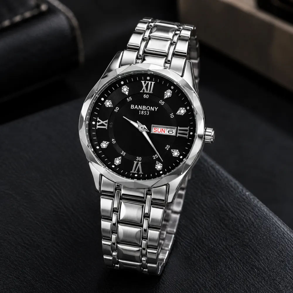 Silver Black Luxury Watch ⌚