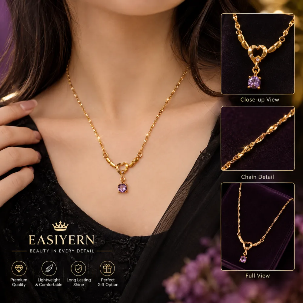 Golden Heart Purple Crystal Necklace 💜