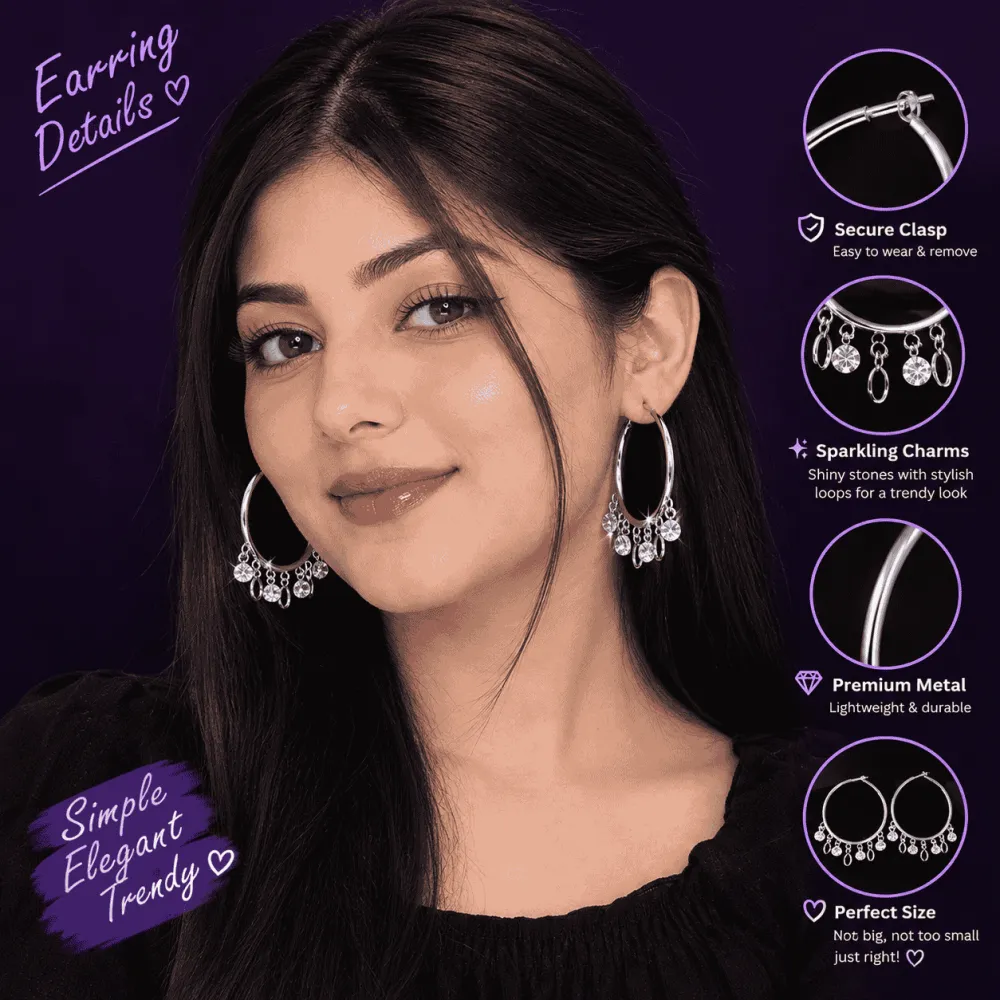 Silver Crystal Charm Hoop Earrings
