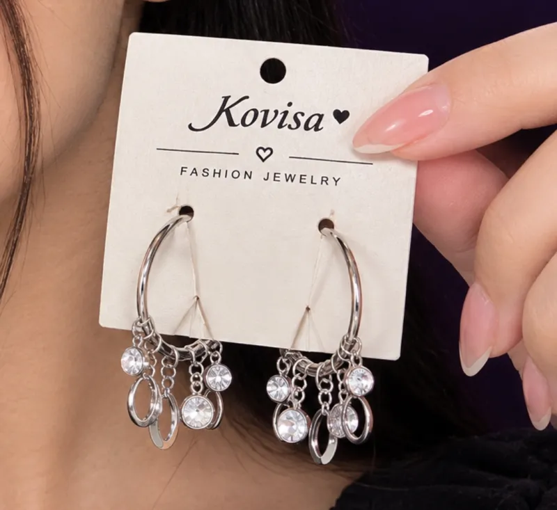 Silver Crystal Charm Hoop Earrings