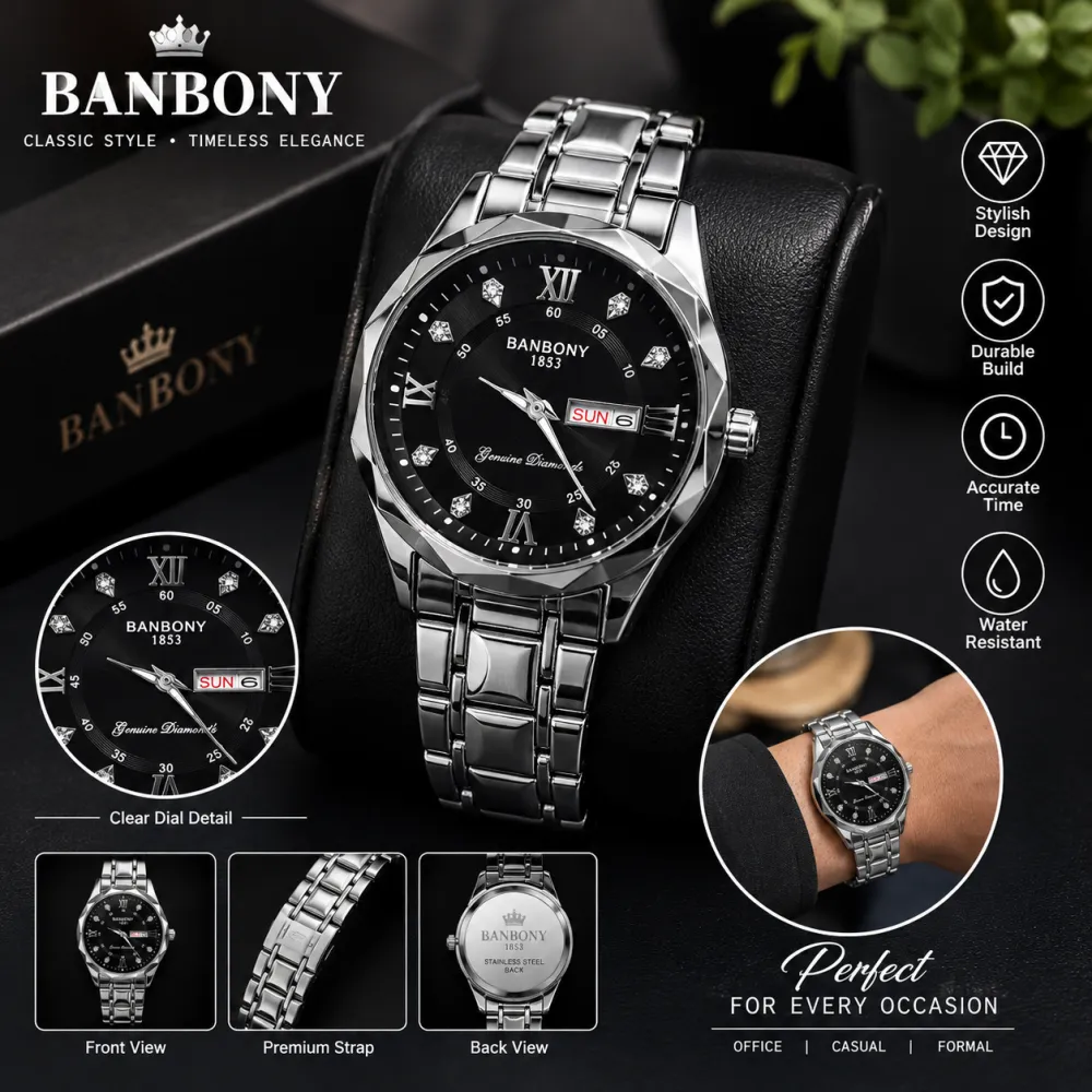 Silver Black Luxury Watch ⌚